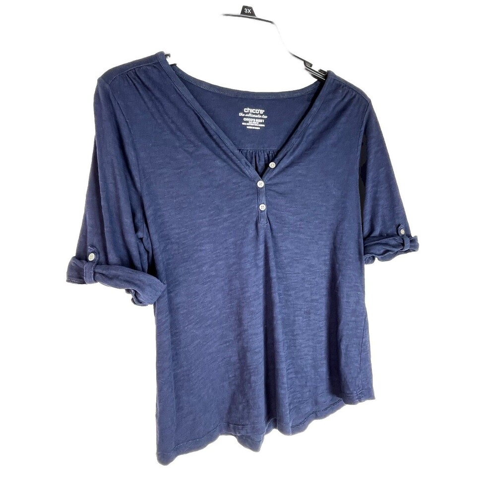 Chicos Navy Blue Button Roll Tab Short Sleeve Size 1 Medium Top